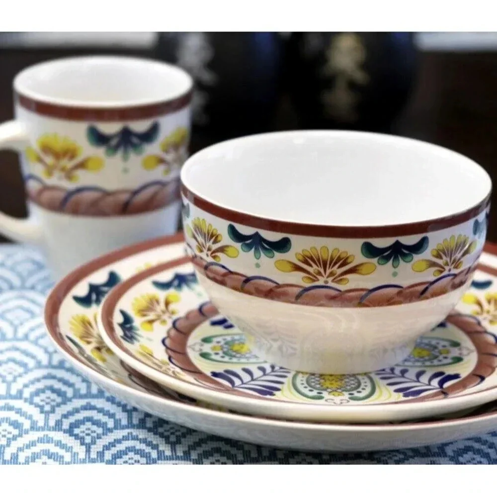 Elama Countryside Sunrise Stoneware Dinnerware Set 16 Pieces Yellow Multicolor